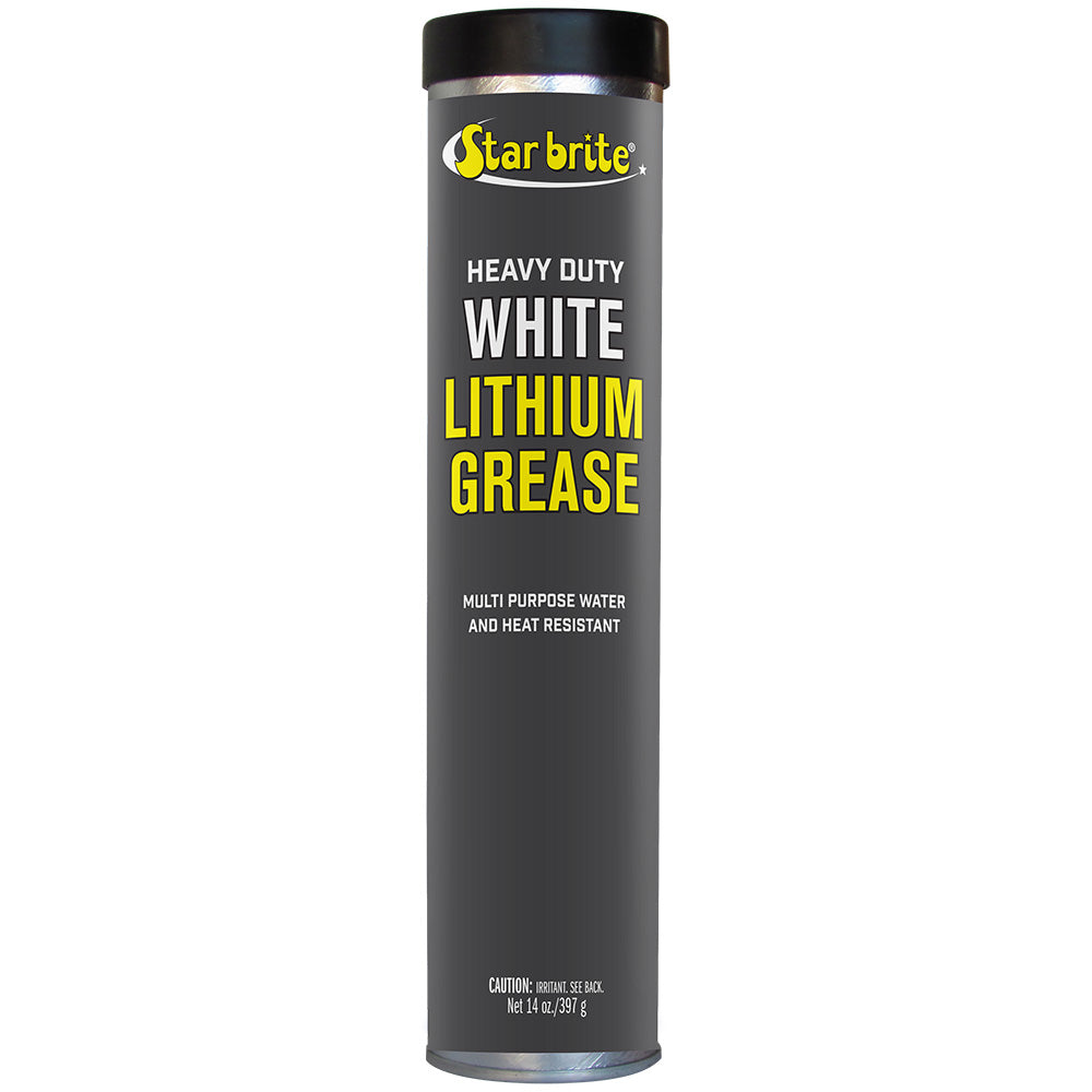 Star brite Heavy-Duty White Lithium Grease in 14 oz container, versatile lubricant for machinery and automotive applications.