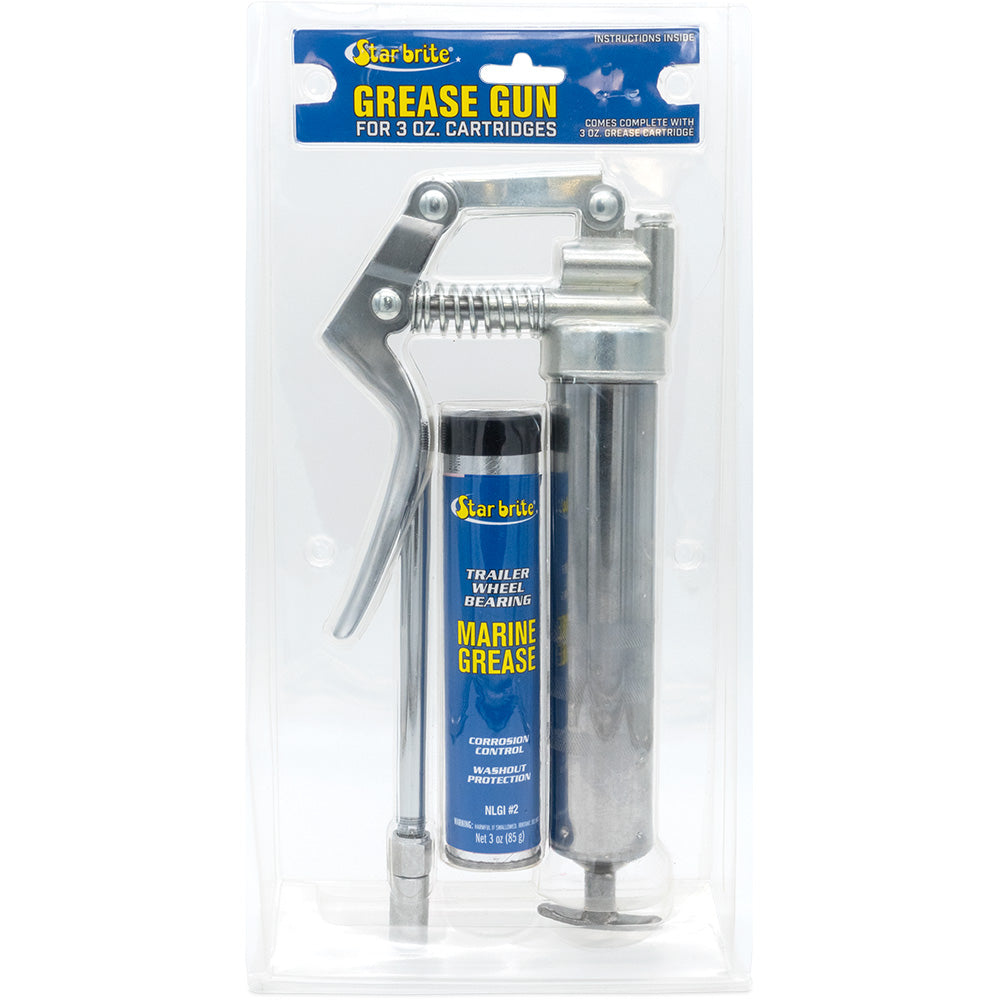 Star brite pistol grease gun with marine-grade cartridge, 3 oz, for precise lubrication and cleaning applications.