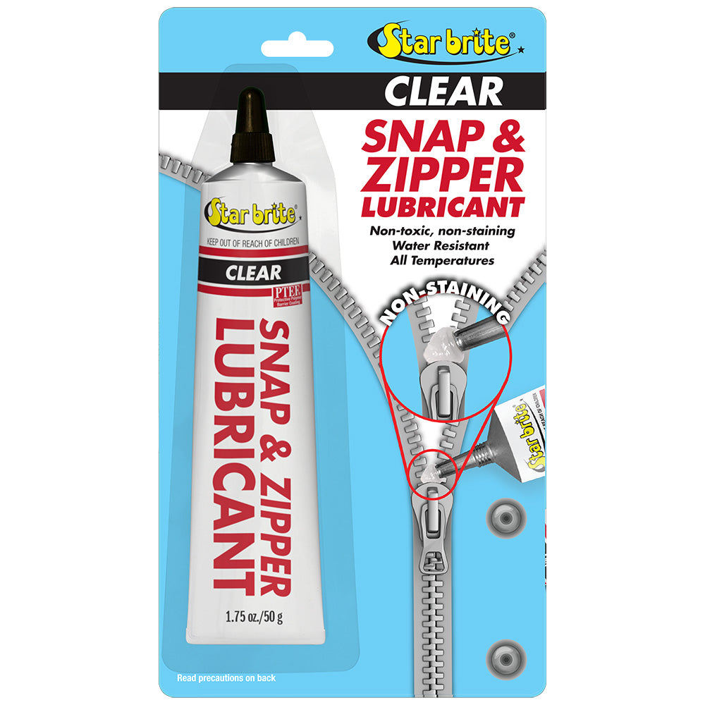 Star Brite Snap Zipper Lubricant in clear, 1.75 oz bottle, ideal for lubricating and maintaining zippers on clothing and gear.