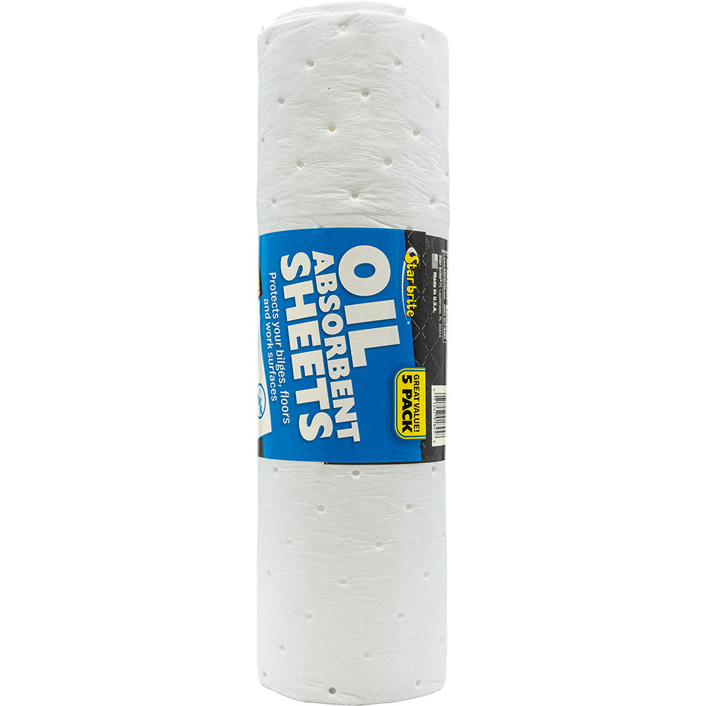 Star brite high-efficiency oil absorbent sheets in a 5-pack, ideal for cleaning oil spills and maintaining boat or garage surfaces.