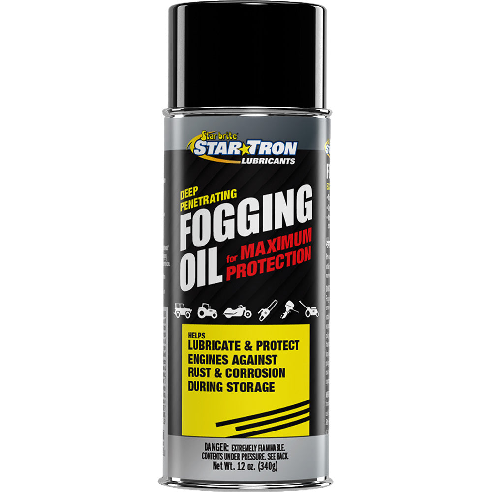 Star brite Star-Tron Deep Penetrating Fogging Oil in a 12 oz bottle, used for cleaning and protecting engines and machinery.