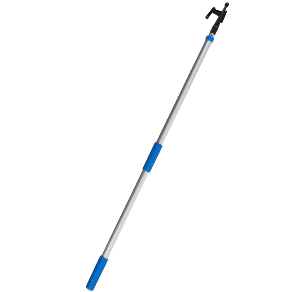Star brite telescopic floating extend-a-brush boat hook attachment in extended position, designed for boat cleaning and reaching high areas.