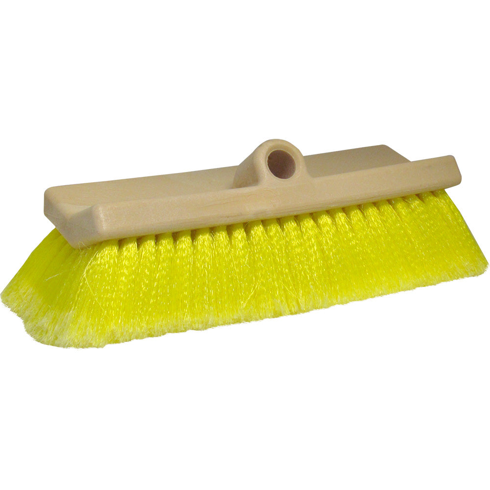 Star brite 10-inch bi-level boat cleaning brush with soft yellow bristles for gentle scrubbing of boat surfaces.