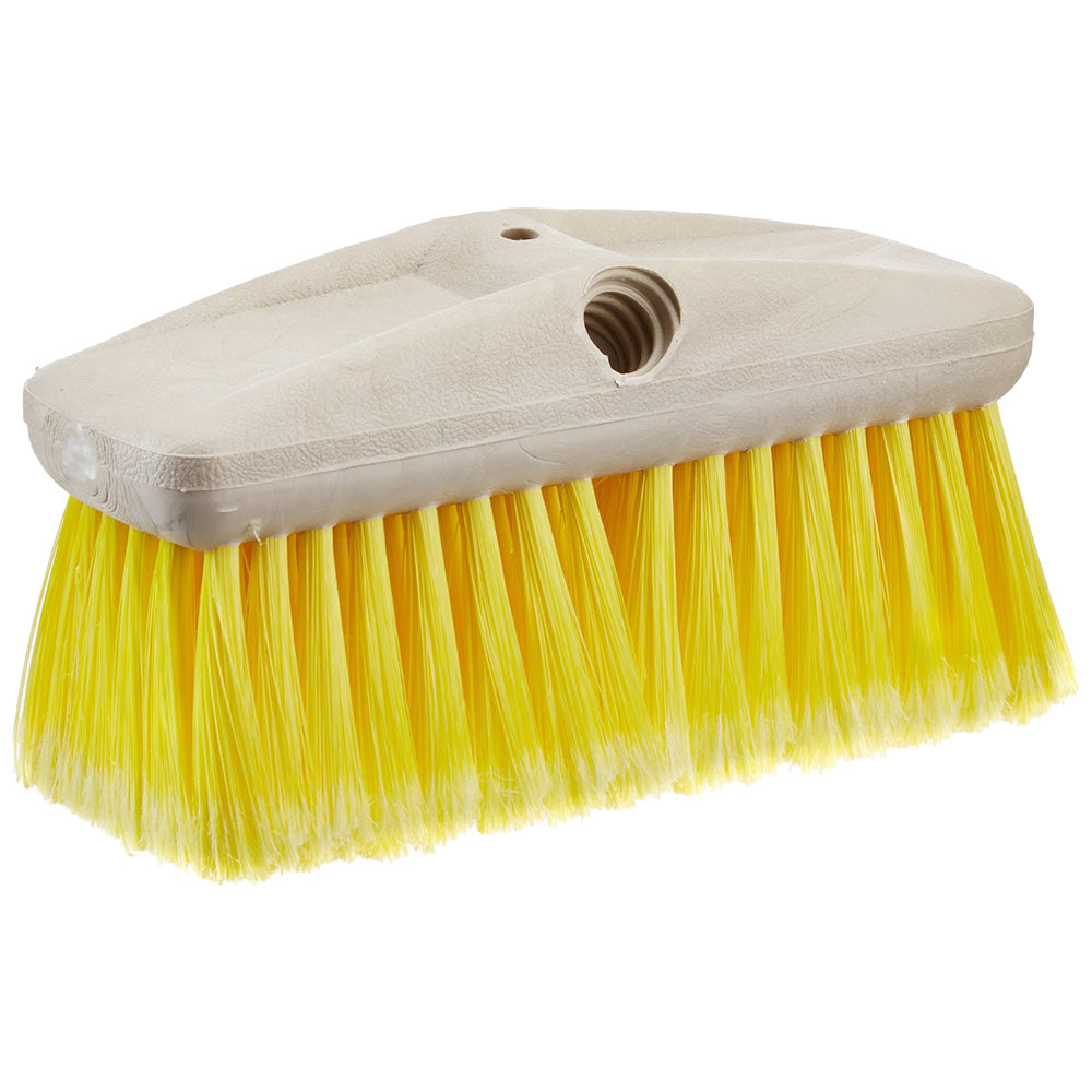 Star brite 8-inch yellow soft bristle wash brush with extendable handle, compatible with Extend-A-Brush for cleaning purposes.