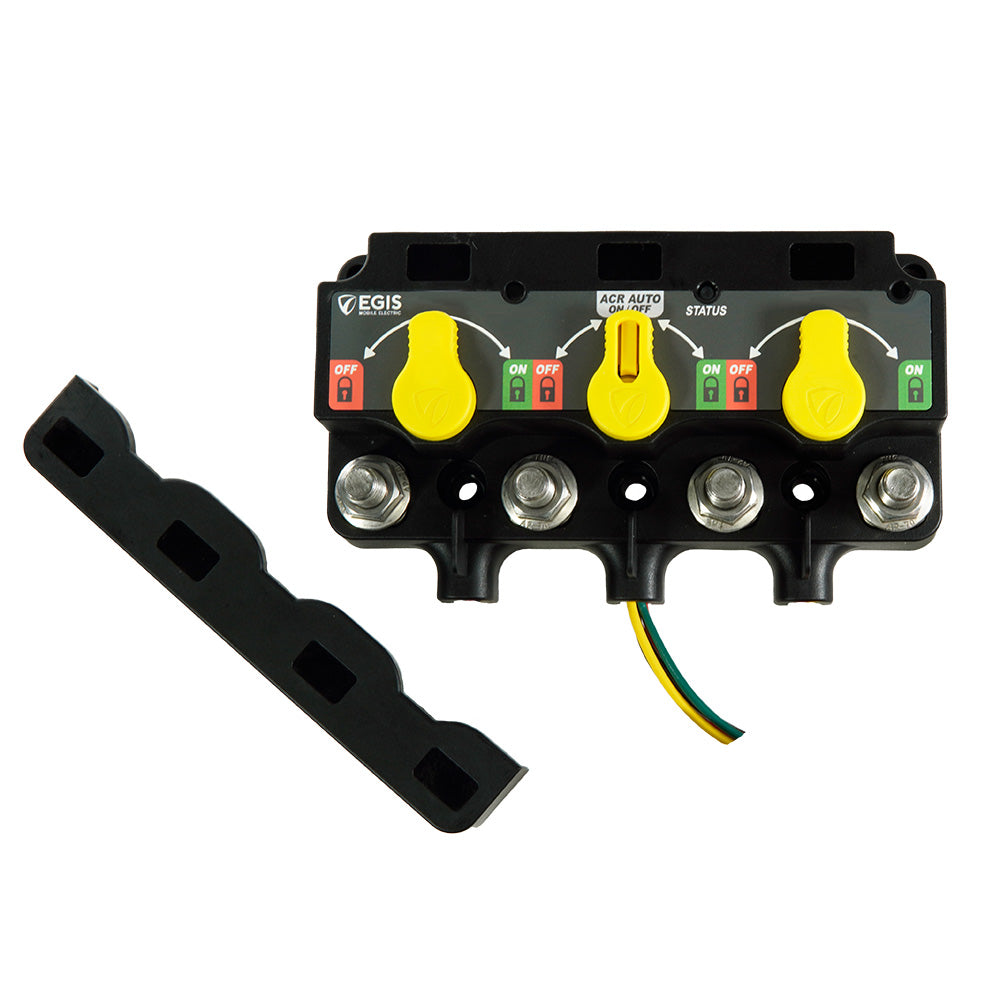Egis XD Series Triple Flex 2 relay with knobs, 12-pin DT connector, mobile electric accessories for vehicle electrical systems.