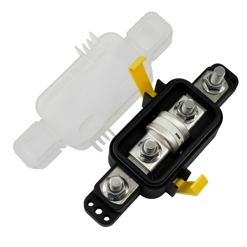 Egis Class T fuse block 225-400A sealed, industrial fuse block with protective cover for electrical safety and durability.