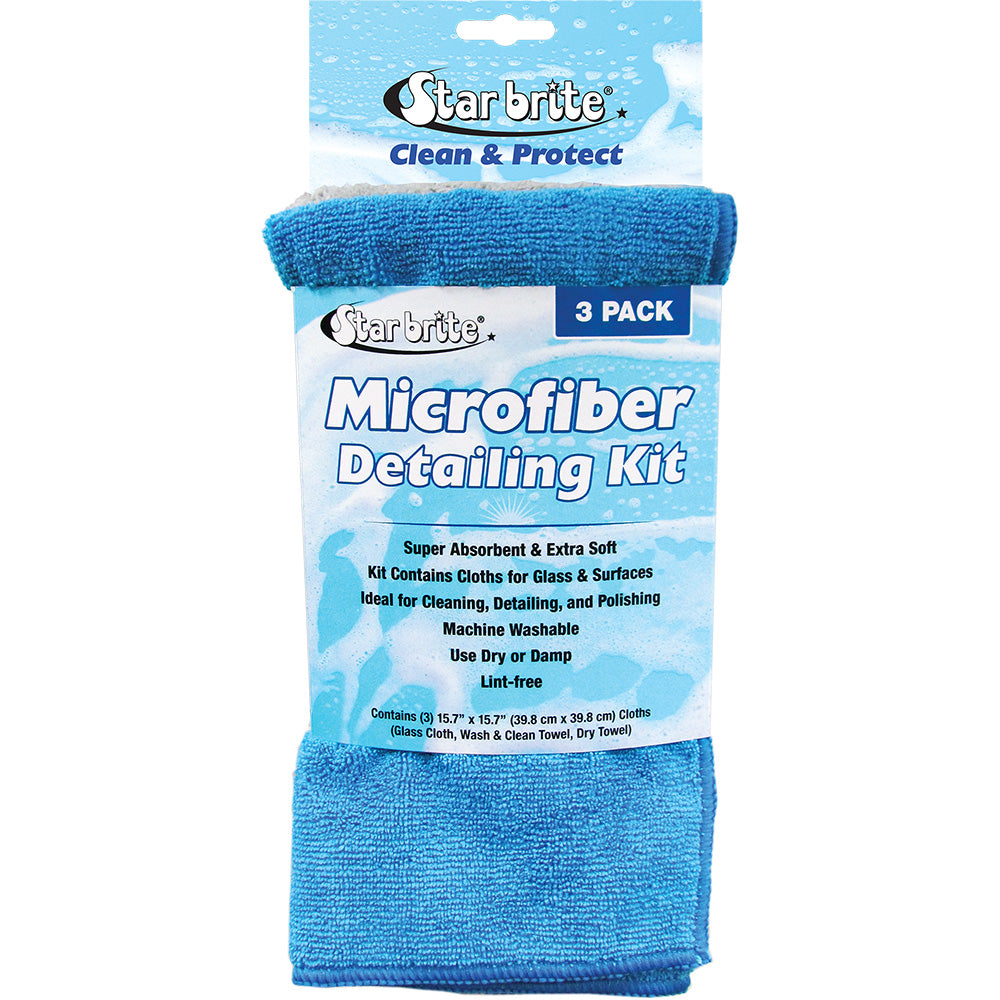 Star brite microfiber detailing kit with three cleaning cloths, perfect for car and surface cleaning, featuring soft, durable microfiber material.