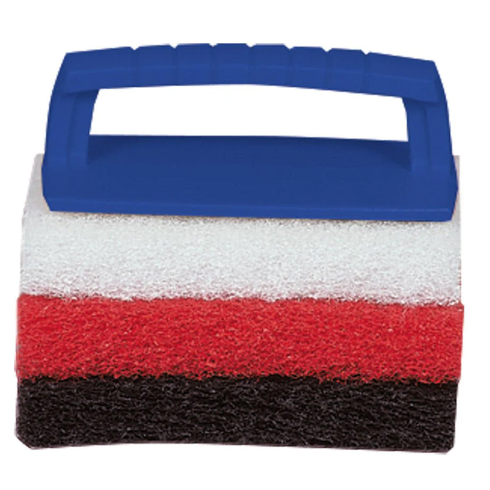 Star brite multi-texture scrub pad kit with interchangeable handle and three cleaning pads for versatile surface scrubbing.