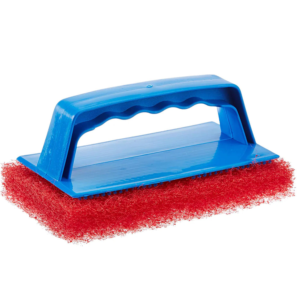 Star brite medium red cleaning scrub pad attached to an interchangeable handle for effective scrubbing and cleaning tasks.