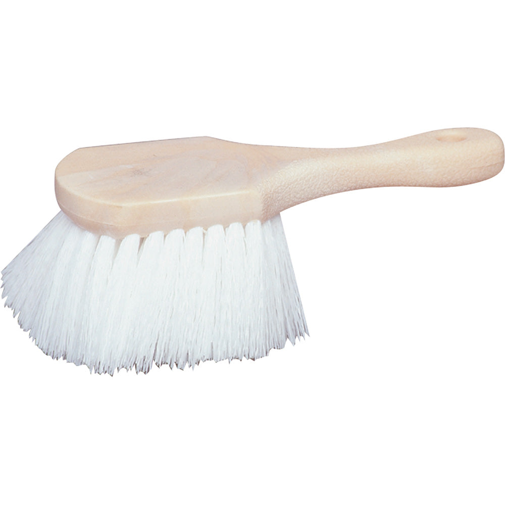 Star brite marine-grade short handle scrub brush with durable star prene fiber for cleaning boats and marine surfaces.