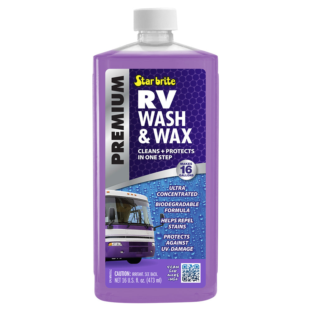 Star brite Premium RV Wash and Wax bottle, 16 oz, for cleaning and protecting RV exterior surfaces.