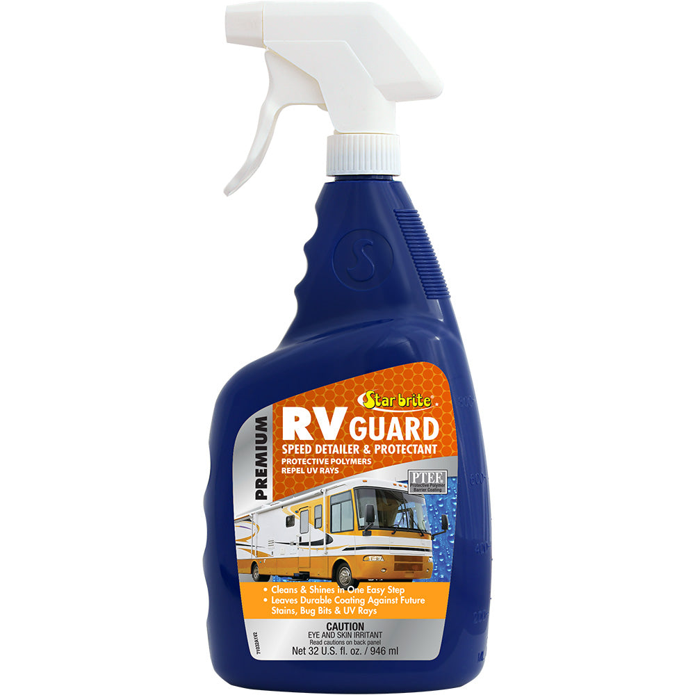 Star brite Premium RV Guard Detailer Protectant Spray in a 32 oz bottle, designed for cleaning and protecting RV surfaces.