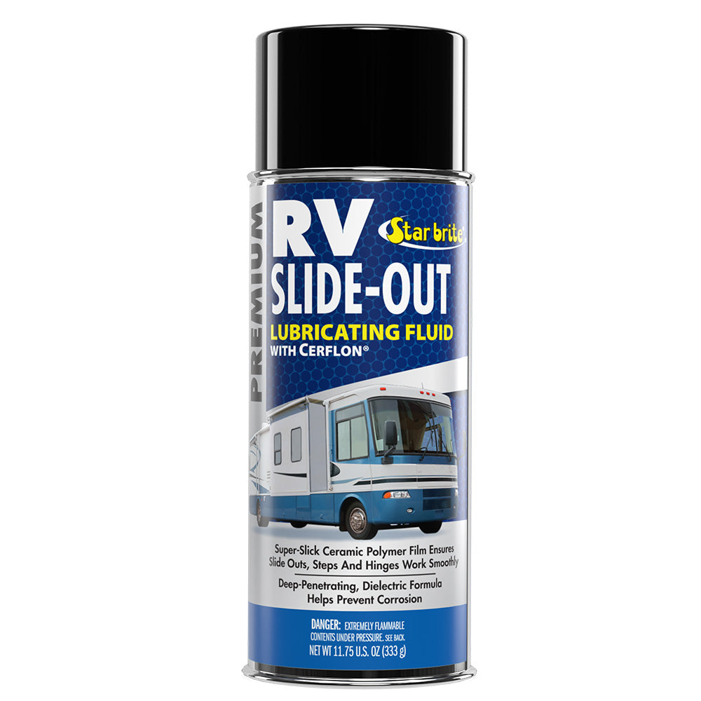 Star brite RV slide-out lubricating fluid with Cerflon in a 12 oz bottle, used for cleaning and lubricating RV slide-outs.
