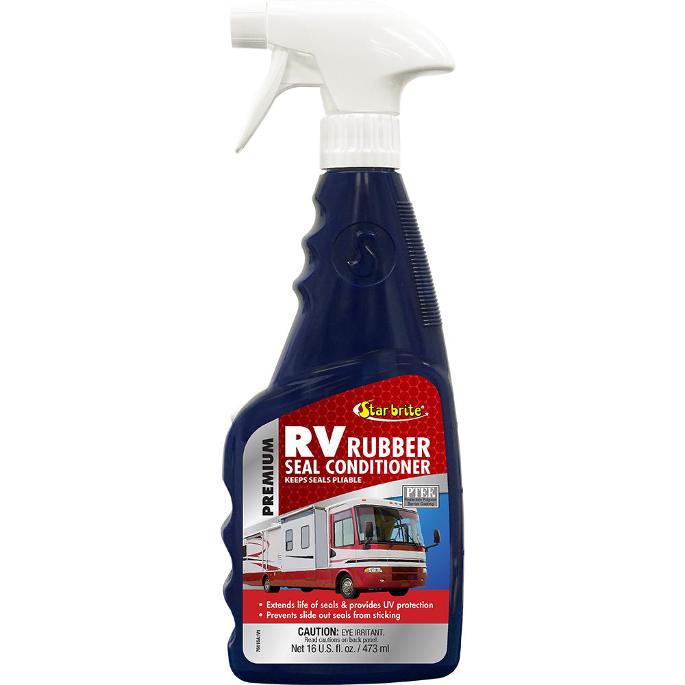 Star brite Premium RV Rubber Seal Conditioner in a 16 oz bottle, designed for cleaning and conditioning RV rubber seals.