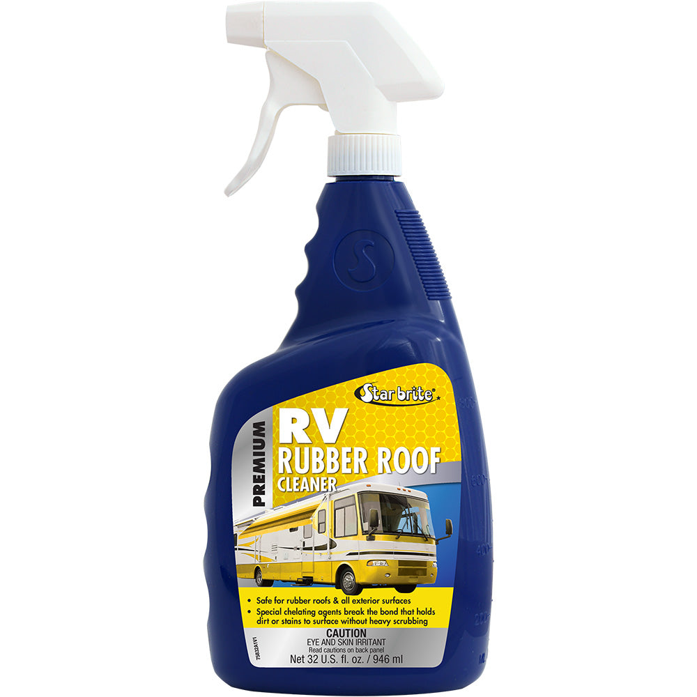 Star brite Premium RV Rubber Roof Cleaner in a 32 oz bottle, showing the cleaning solution and labeling on the container.