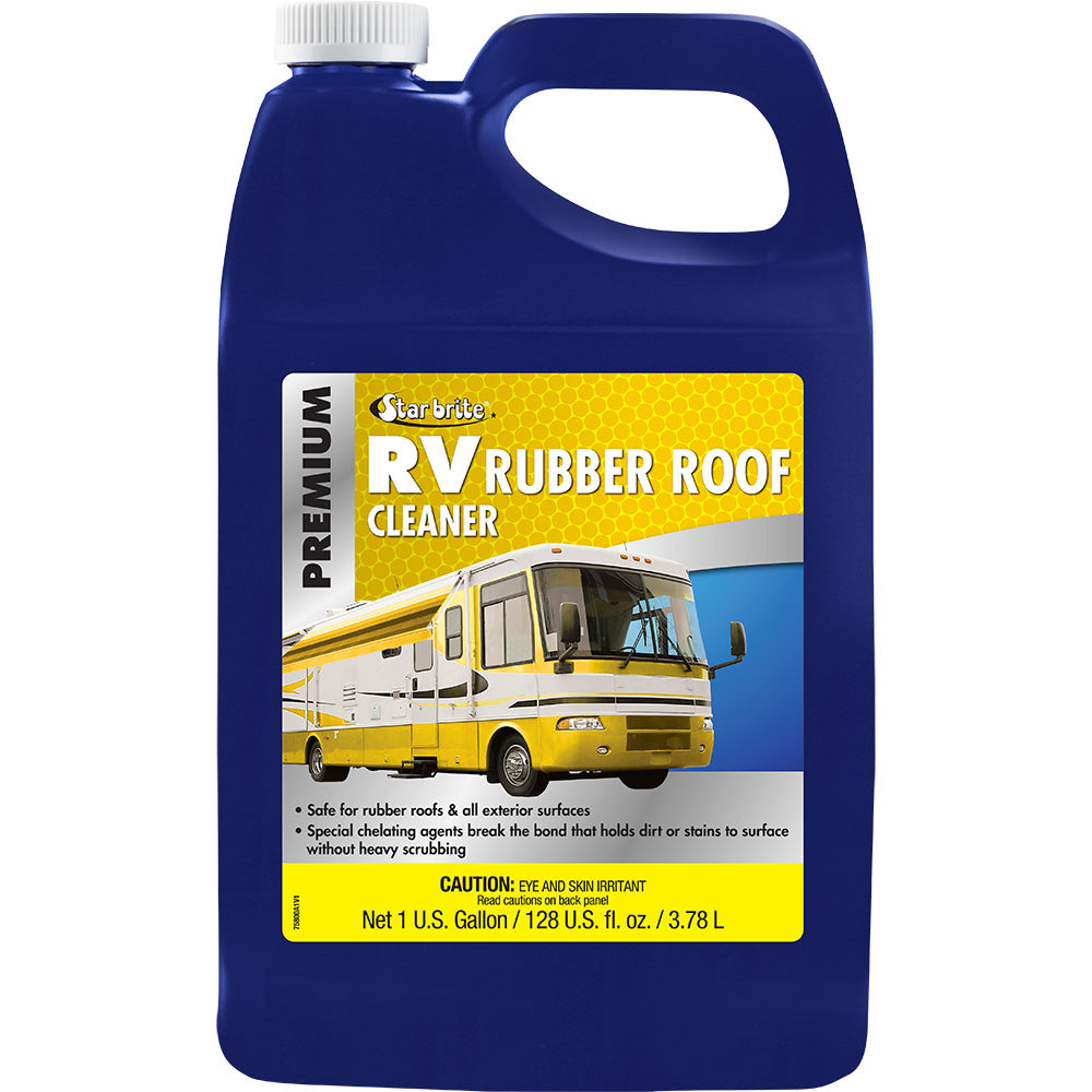 Star brite Premium RV Rubber Roof Cleaner in a one-gallon container, designed for cleaning RV rubber roofs effectively.