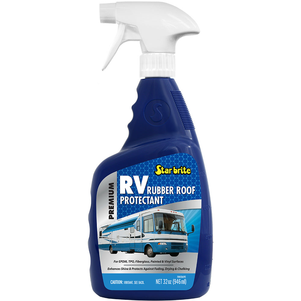 Star brite Premium RV Roof Care rubber roof protectant spray in a 32 oz spray bottle, designed for cleaning and protecting RV rubber roofs.