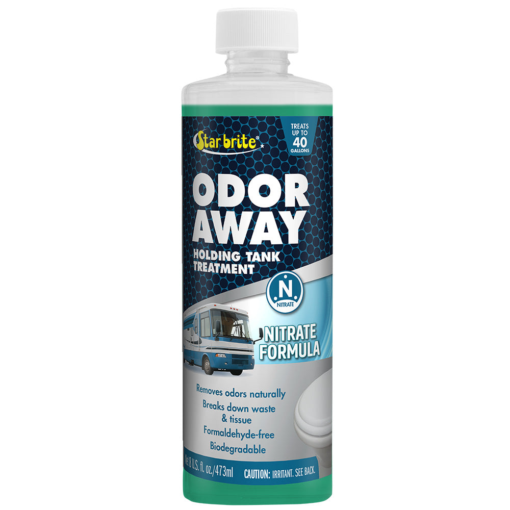 Star brite Odor Away holding tank treatment in 8 oz bottles, nitrate formula, used for sanitation in marine or RV waste tanks.