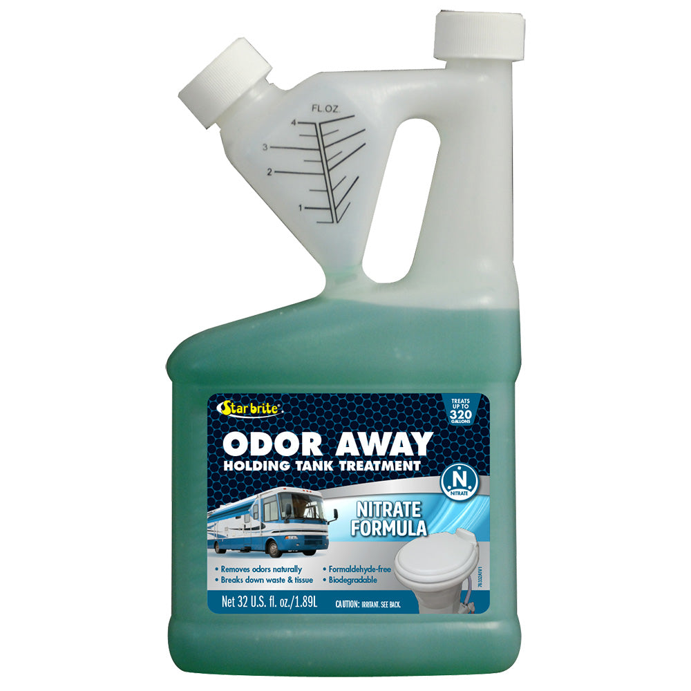 Star brite Odor Away holding tank treatment in 32 oz bottle, nitrate formula for sanitation and odor control in marine toilets.