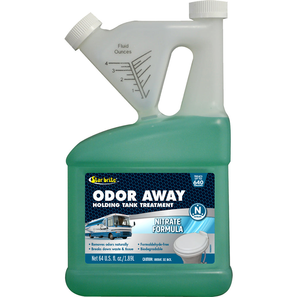 Star brite Odor Away Holding Tank Treatment in 64 oz bottle, nitrate formula for sanitation and odor control in marine toilets.