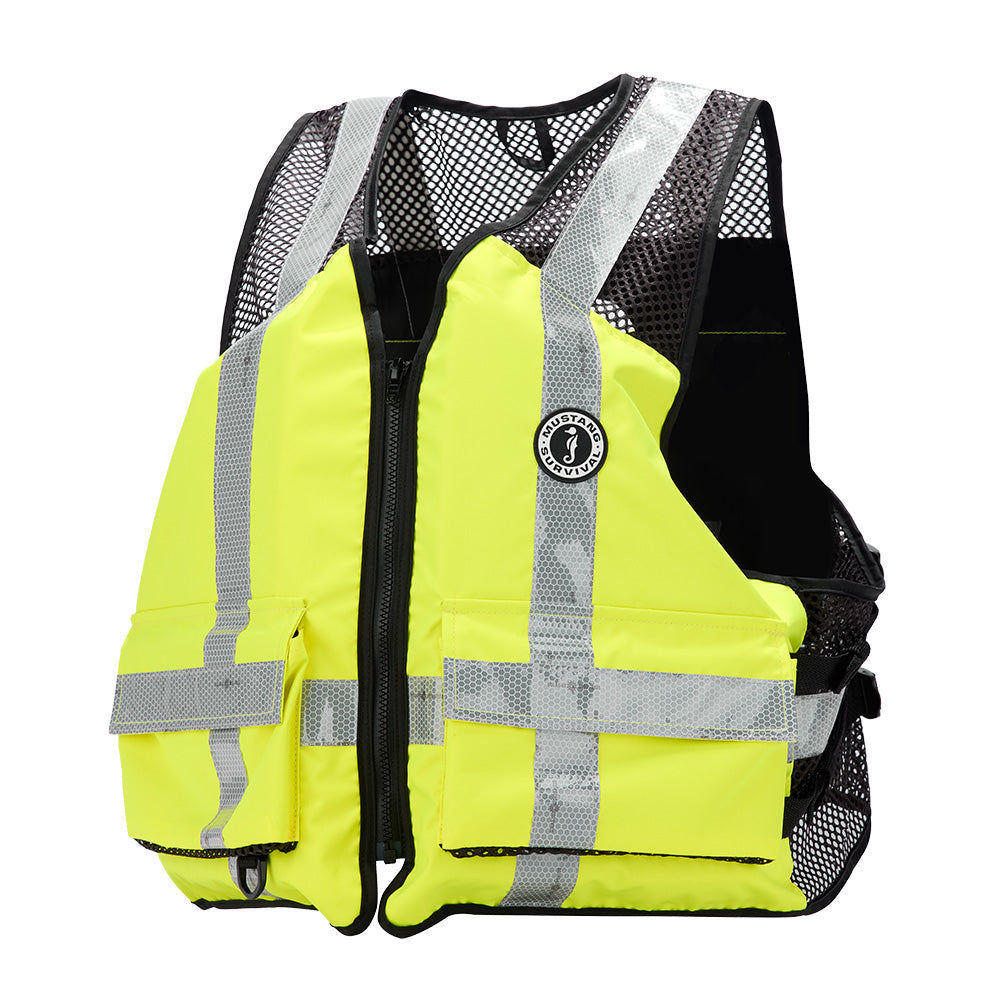 Mustang Survival hi-vis fluorescent yellow-green industrial mesh vest, small/medium size, designed for personal flotation and safety.