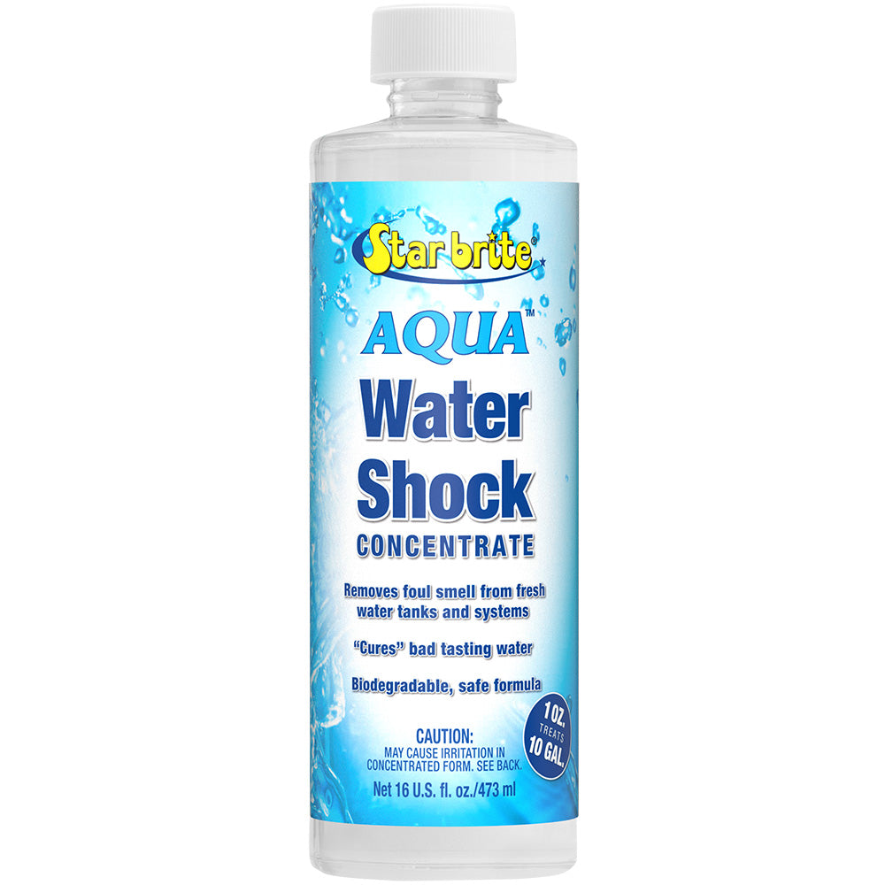 Star brite AQUA Water Shock marine sanitation product in a 16 oz bottle, used for cleaning and maintaining boat water systems.
