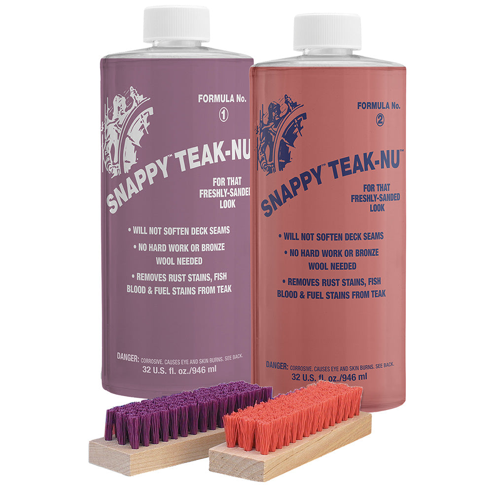 Snappy Teak-Nu cleaning kit with 32 oz formulas No. 1 and No. 2 and a bristle brush for teak wood maintenance.