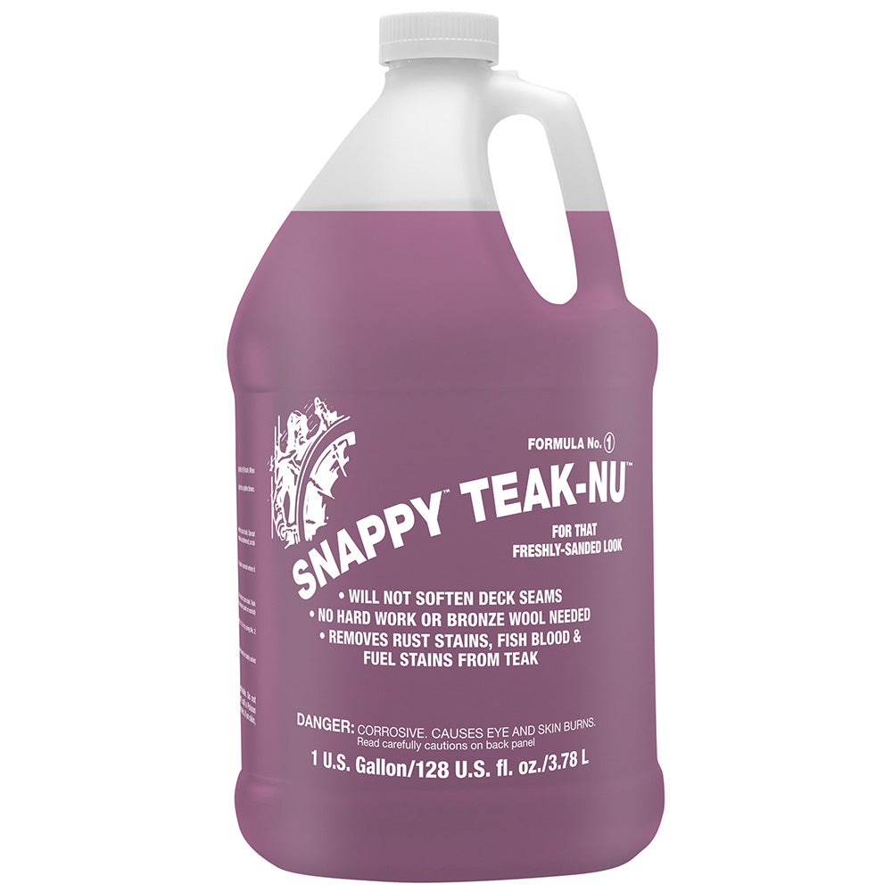 Snappy Teak-Nu Formula No. 1 cleaning solution in a 1-gallon container, designed for teak and wood surface cleaning.