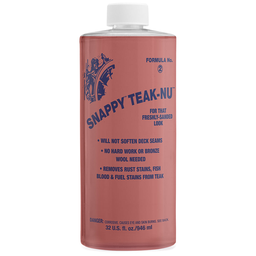 Snappy Teak-Nu Formula No. 2 cleaning solution in a 32 oz bottle, designed for wood and teak furniture cleaning.