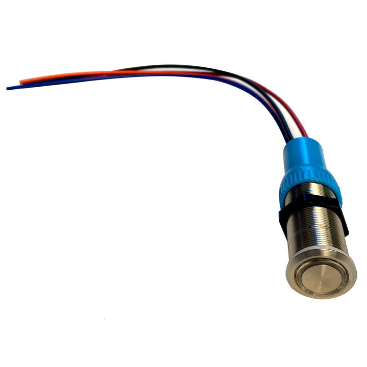 Bluewater 22mm inrush switch in OFF position, with blue housing and push-button for electrical switching control.