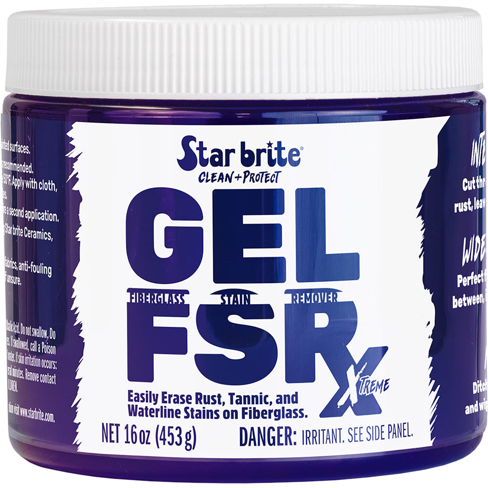 Star brite GEL FSR Xtreme fiberglass stain remover in 16 oz bottle, showing the cleaning product with a clear label and applicator.