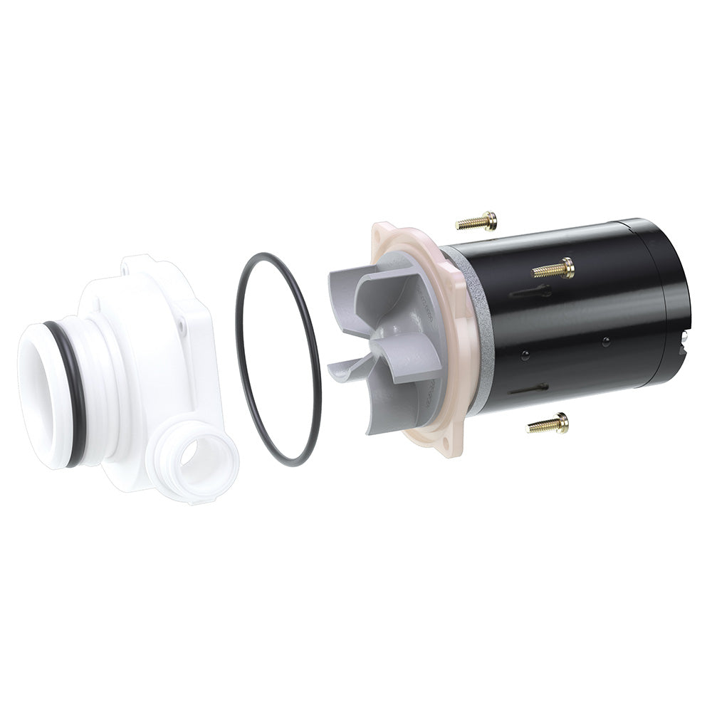 Jabsco 12V motor pump assembly for Quiet Flush E2 marine sanitation system, showing the compact pump unit with wiring and fittings.