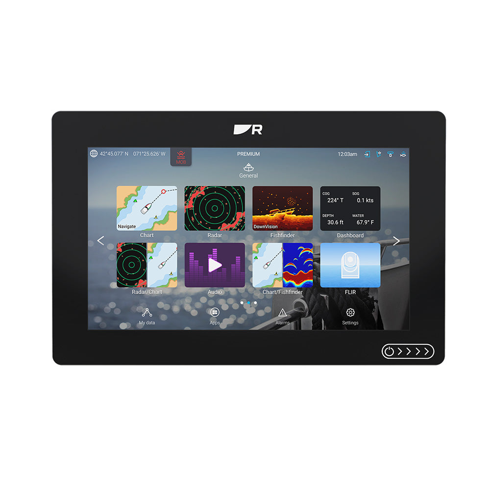 Raymarine Axiom 2 9-inch multifunction GPS chartplotter display showing navigation screens and map details.