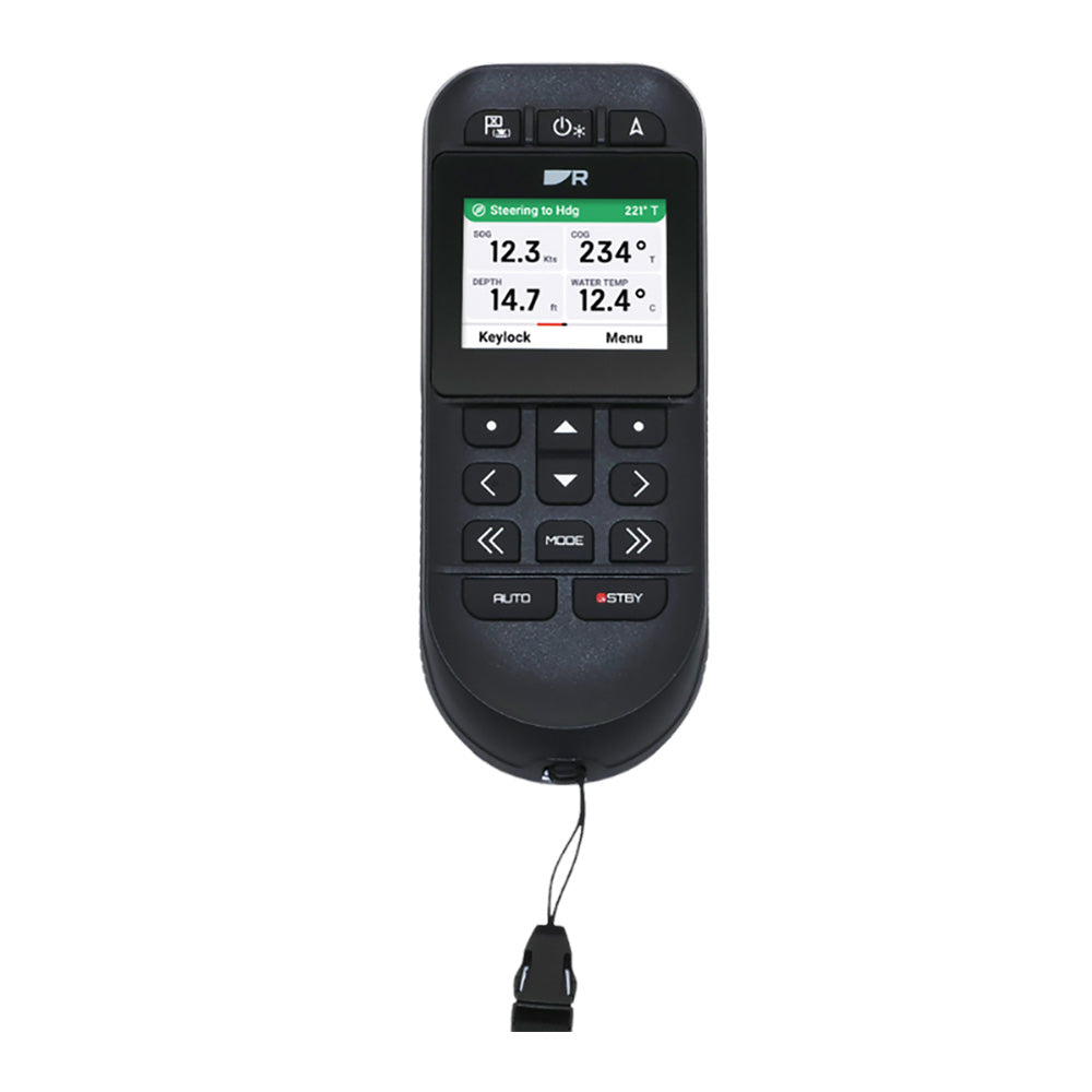 Raymarine RCU-1 Autopilot Remote control device for boat autopilot systems, black with buttons and display screen.