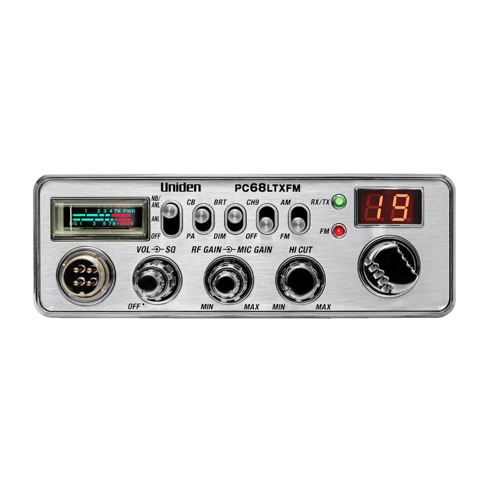 Uniden dual-mode AM/FM CB radio with display and control knobs, designed for vehicle communication and radio enthusiasts.