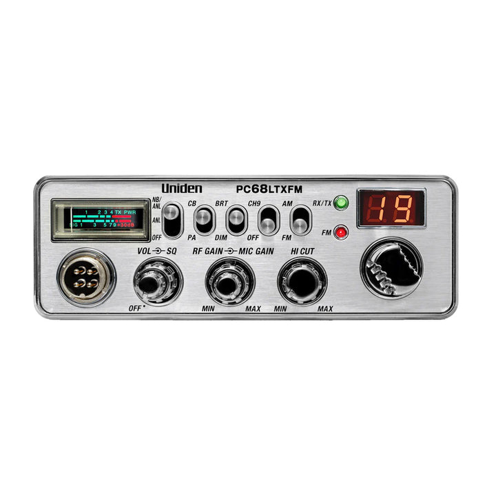 Uniden dual-mode AM/FM CB radio with display and control knobs, designed for vehicle communication and radio enthusiasts.