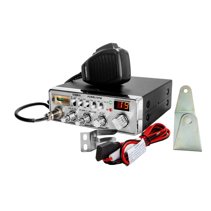 Uniden dual-mode AM/FM CB radio with digital display and microphone, designed for vehicle communication.