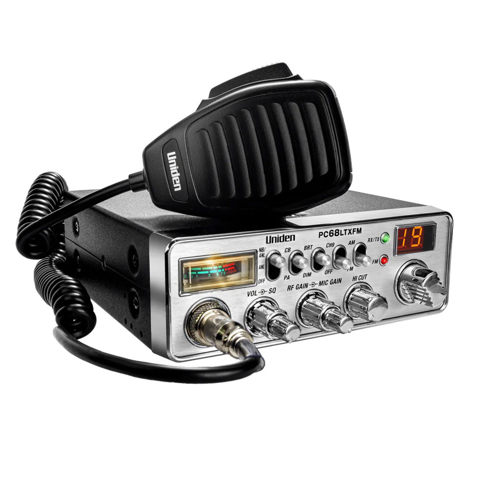 Uniden dual-mode AM/FM CB radio with digital display and control knobs, designed for vehicle communication.