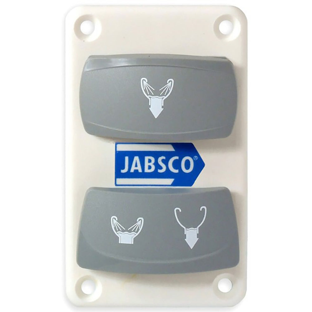 Jabsco dual rocker switch panel with two switches for marine or vehicle accessory control, featuring durable design and easy installation.