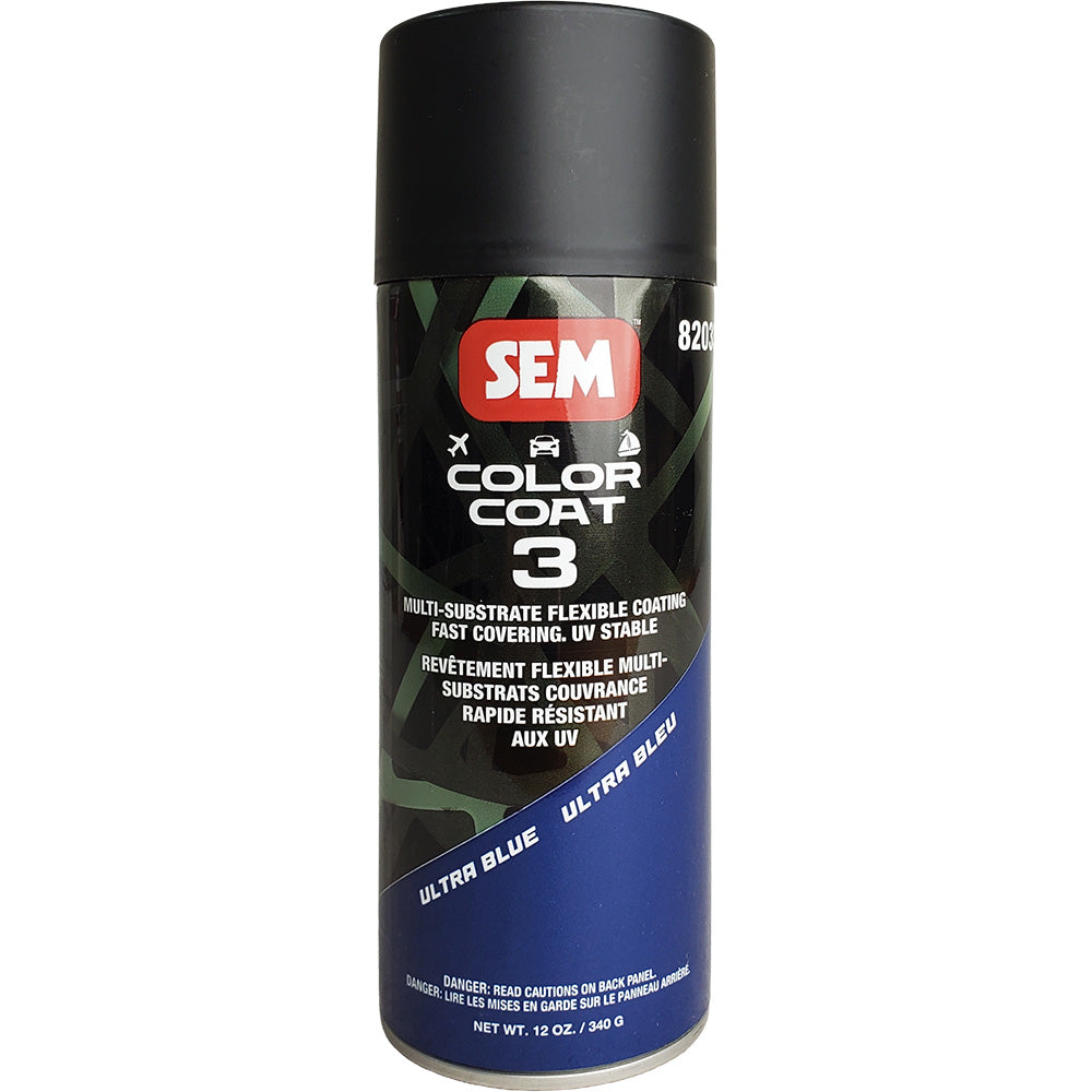 SEM Color Coat 3 Ultra Blue accessory in 12 oz bottle, featuring vibrant blue color and easy-to-use spray nozzle.