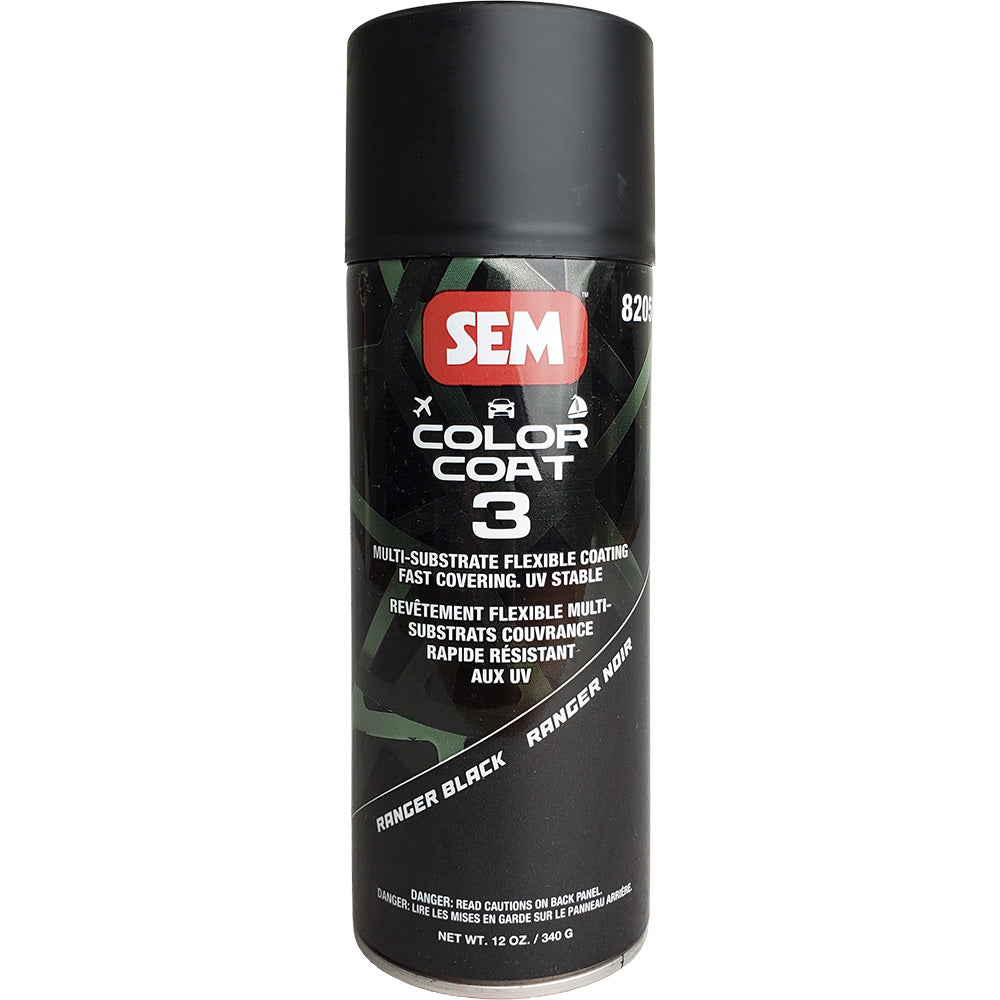 SEM Color Coat 3 Ranger Black 12 oz spray can of automotive coating accessories, featuring a black finish with a sleek design.