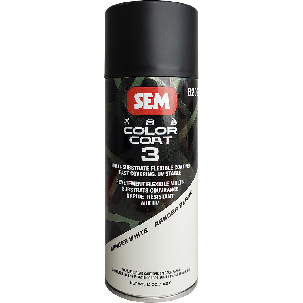 SEM Color Coat 3 Ranger White 12 oz spray paint can, accessory for automotive and craft projects, with white color and durable finish.