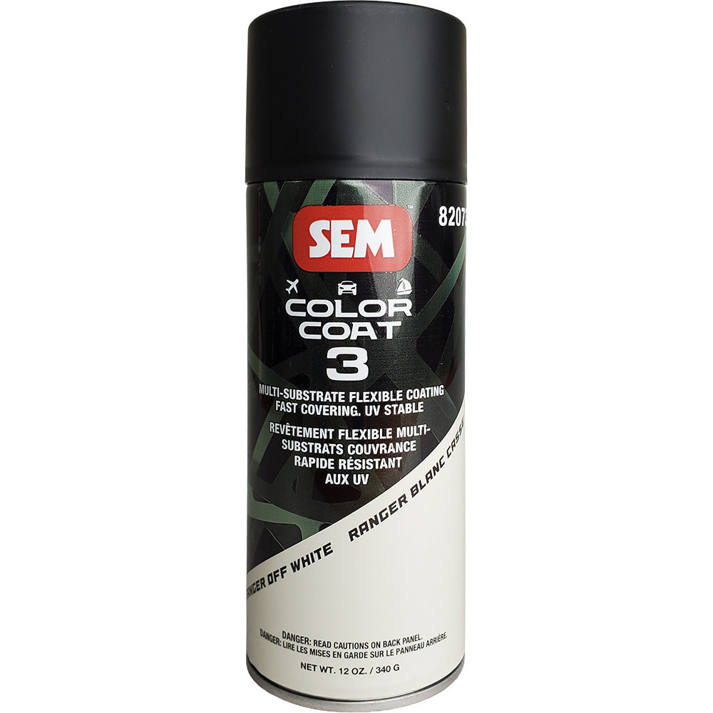 SEM Color Coat 3 Ranger Off-White 12 oz spray paint can, showcasing the off-white color and label on the accessories product.