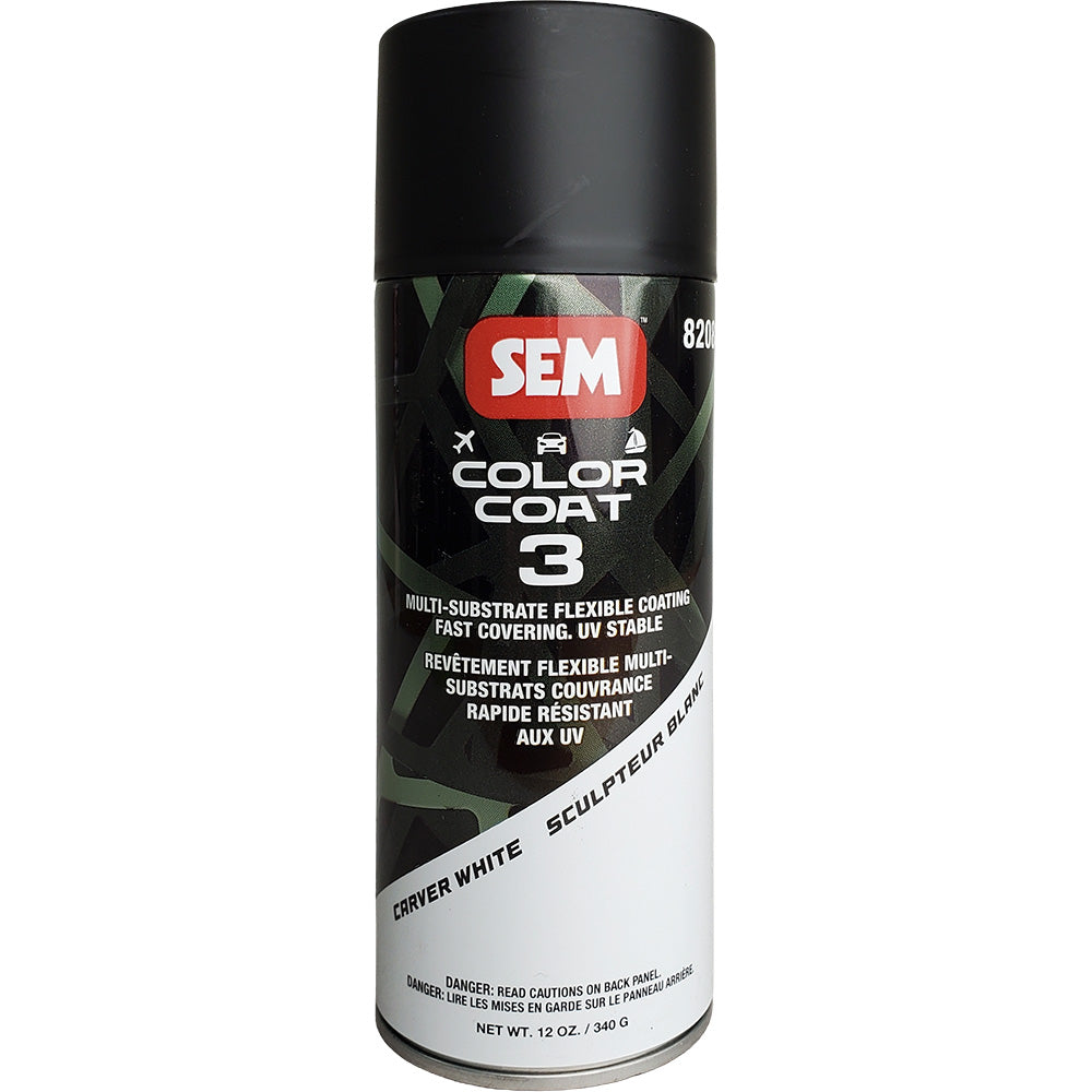 SEM Color Coat 3 Carver White accessory in 12 oz spray can, featuring a white automotive coating with a smooth, glossy finish.