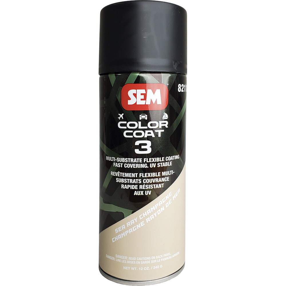 SEM Color Coat 3 Sea Ray Champagne spray can for automotive accessories, showcasing the 12 oz aerosol with champagne-colored finish.