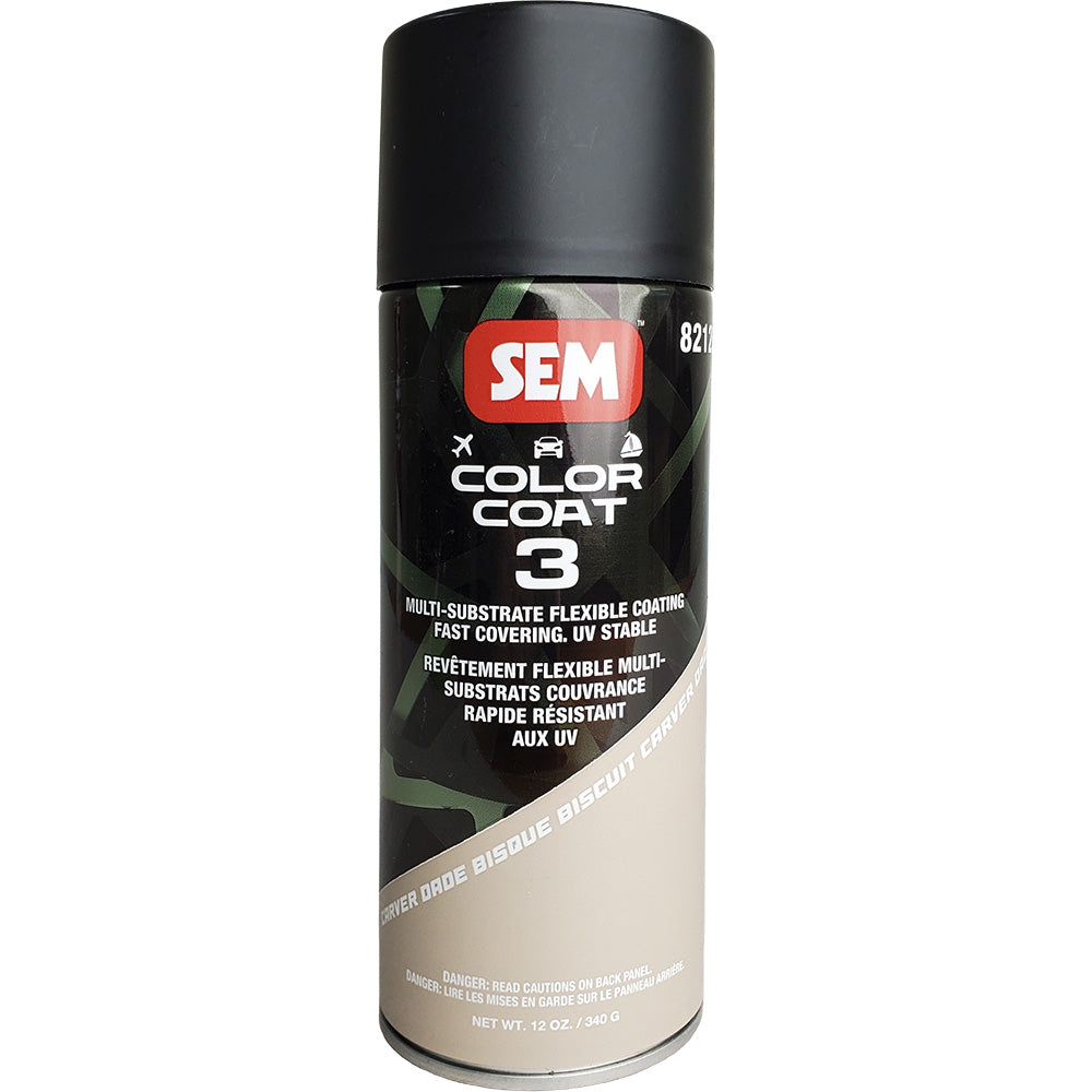SEM Color Coat 3 Carver Dade Bisque 12 oz bottle of spray color for automotive accessories, with a white cap and label.