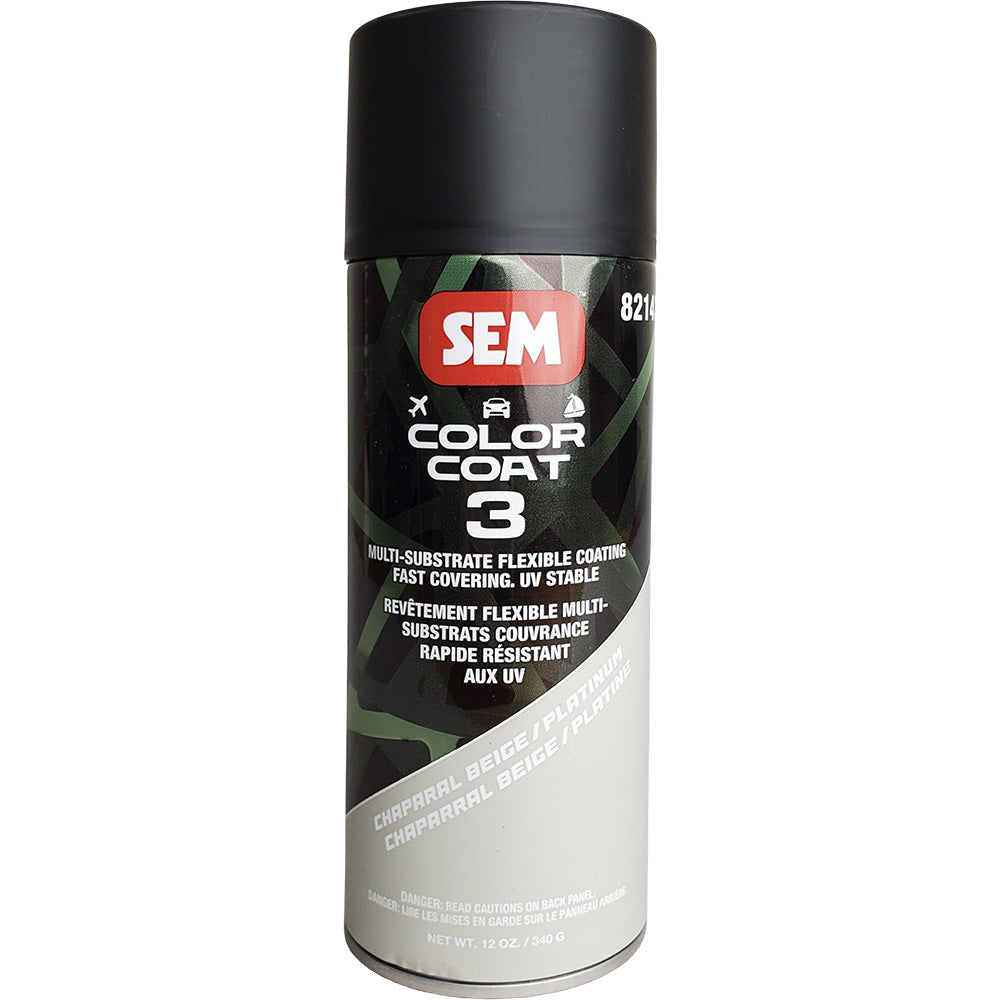 SEM Color Coat 3 accessory in Chaparal Beige and Platinum, 12 oz spray bottle for automotive detailing and color correction.