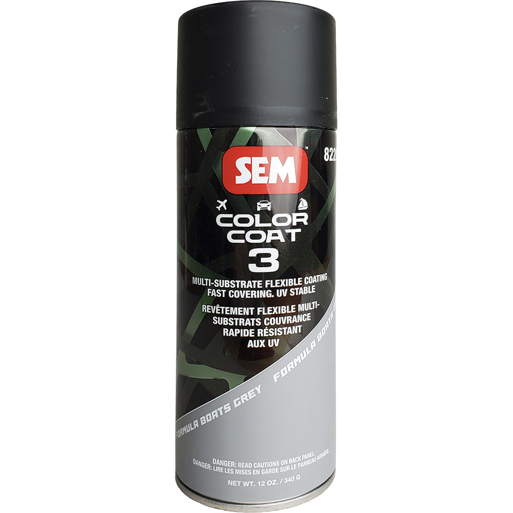 SEM Color Coat 3 Formula Boats grey accessory in 12 oz bottle, featuring a grey coating for marine boat protection and finishing.