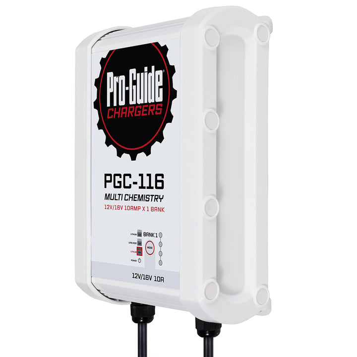 Pro-Guide Batteries 12V/16V 10-Amp Bank-On-Board Battery Charger showing the compact charger unit with connection cables