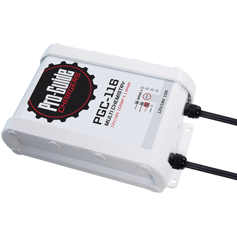Pro-Guide Batteries 12V/16V 10-Amp Bank On-Board Battery Charger for automotive use, showing the charger unit and connection cables.